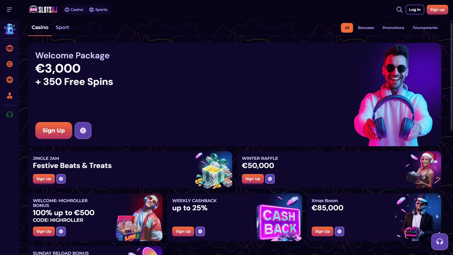 Slotsdj Casino desktop promotions area with welcome and reload offers