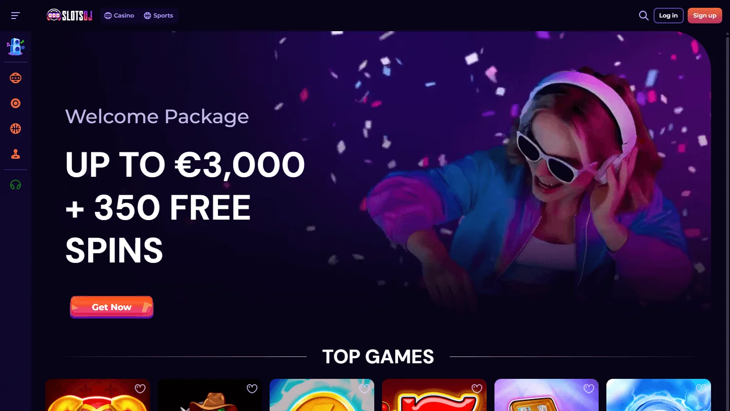 Slotsdj Casino desktop games area with casino titles and game categories